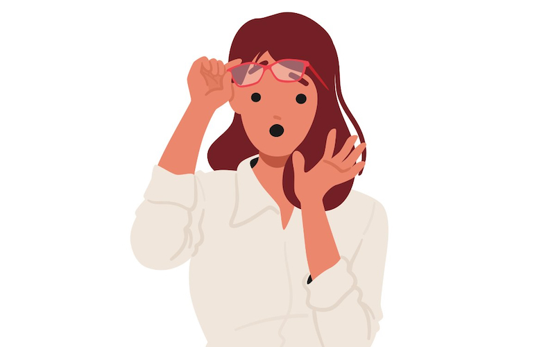 かけているメガネを持ち上げながら驚いている様子の人のイラスト