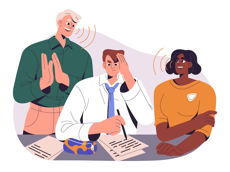 文書を書いている人とその両脇で会話している人のイラスト