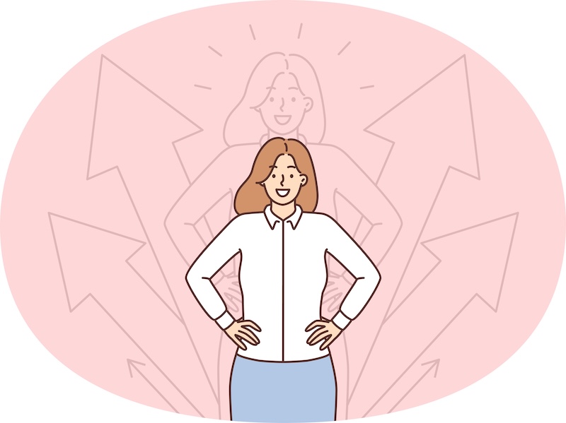 腰に手を当てて立っている女性と上向き矢印のイラスト