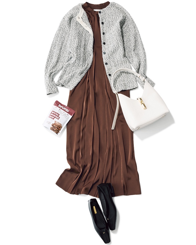 ブークレニットカーデ×プリーツワンピ