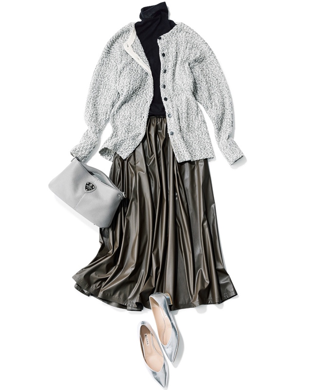 ブークレニットカーデ×タートルネックニット×レザー調スカート