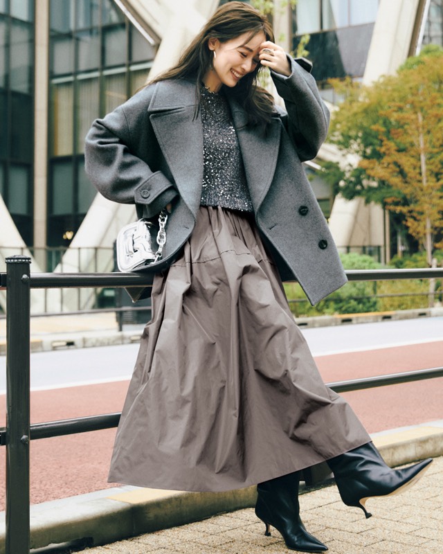 ビッグカラーコート×ラメニット×ボリュームスカート