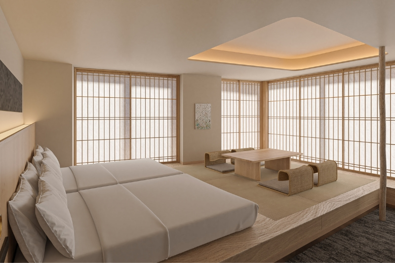 ツインベッドがある小上がりを写した室内の写真