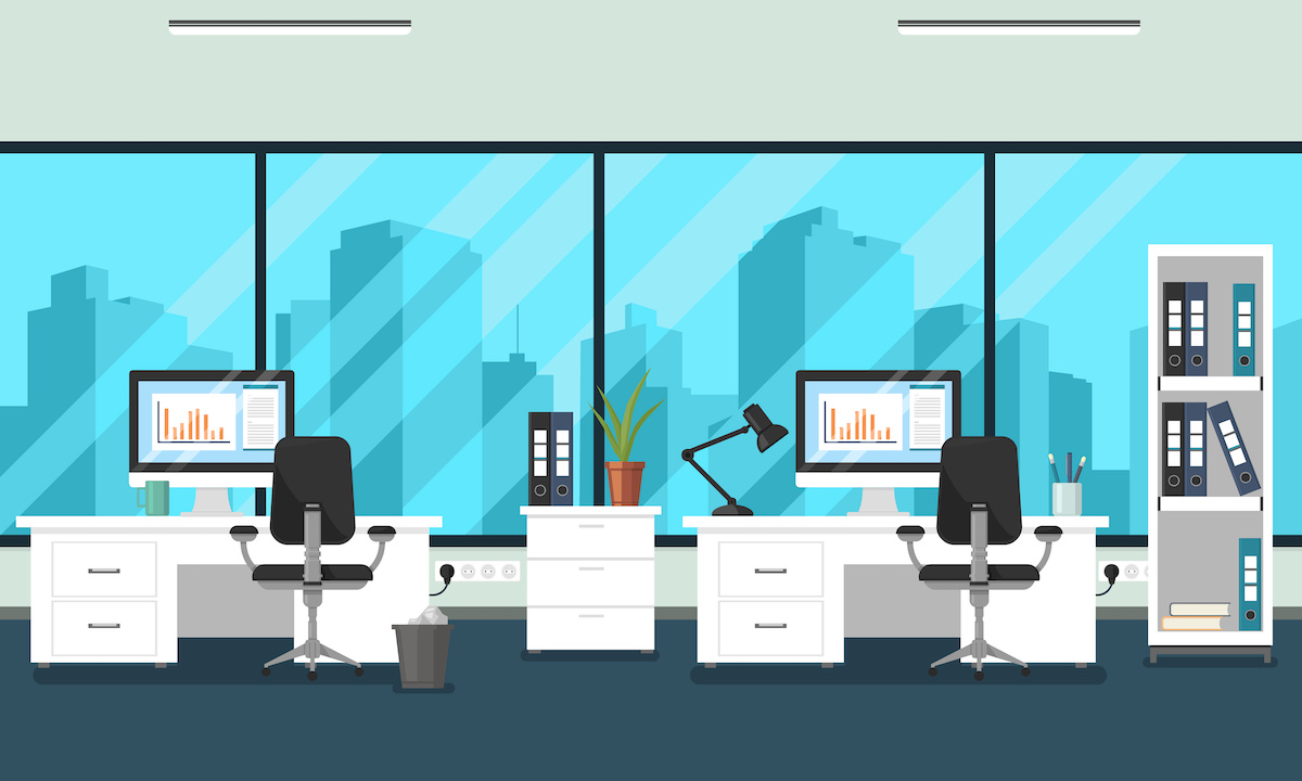 デスクトップパソコンの置かれた机やファイルの入った棚、大きな窓があるオフィスのイラスト