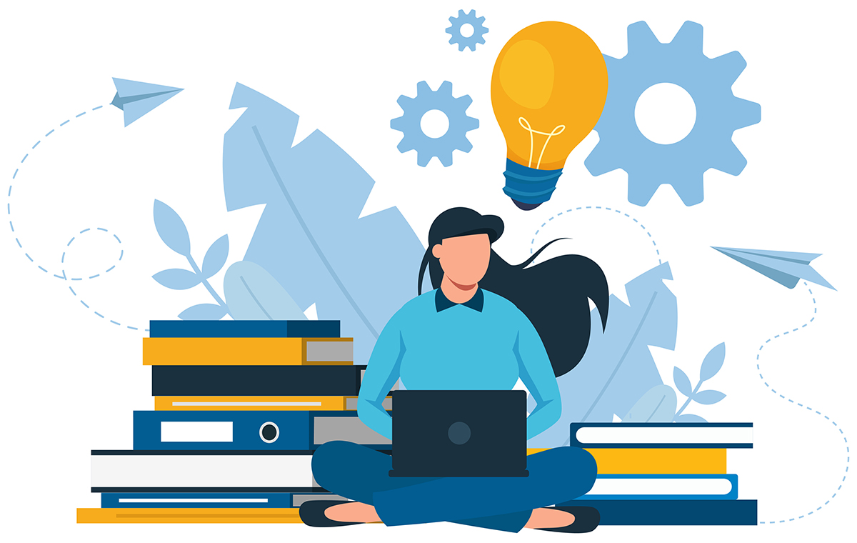 PCを持った女性が考え閃く様子