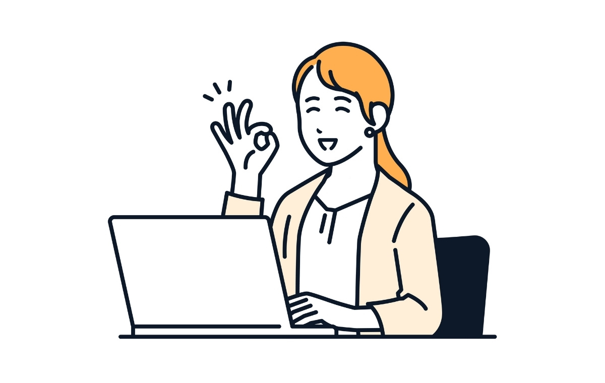 ノートパソコンの前でにこやかにOKサインを作るビジネスウーマンのイラスト