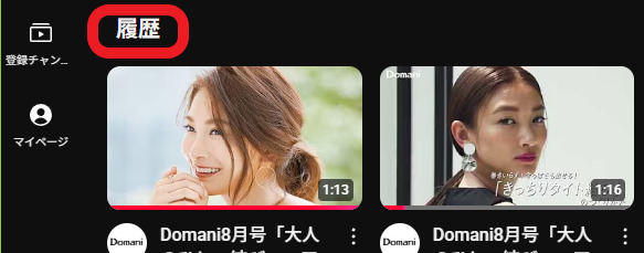 PC版YouTubeの履歴画面