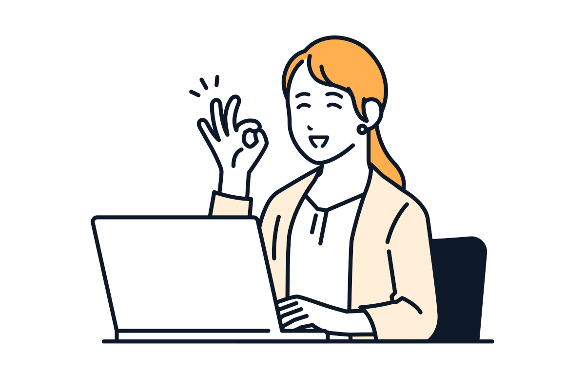 ノートpcの前でオッケーマークを作っている笑顔のビジネスウーマンのイラスト