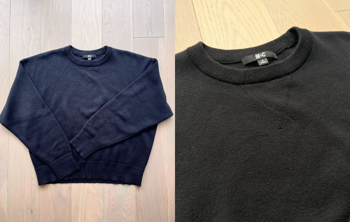 ニットの平置き写真と襟元のアップショットを並べた写真
