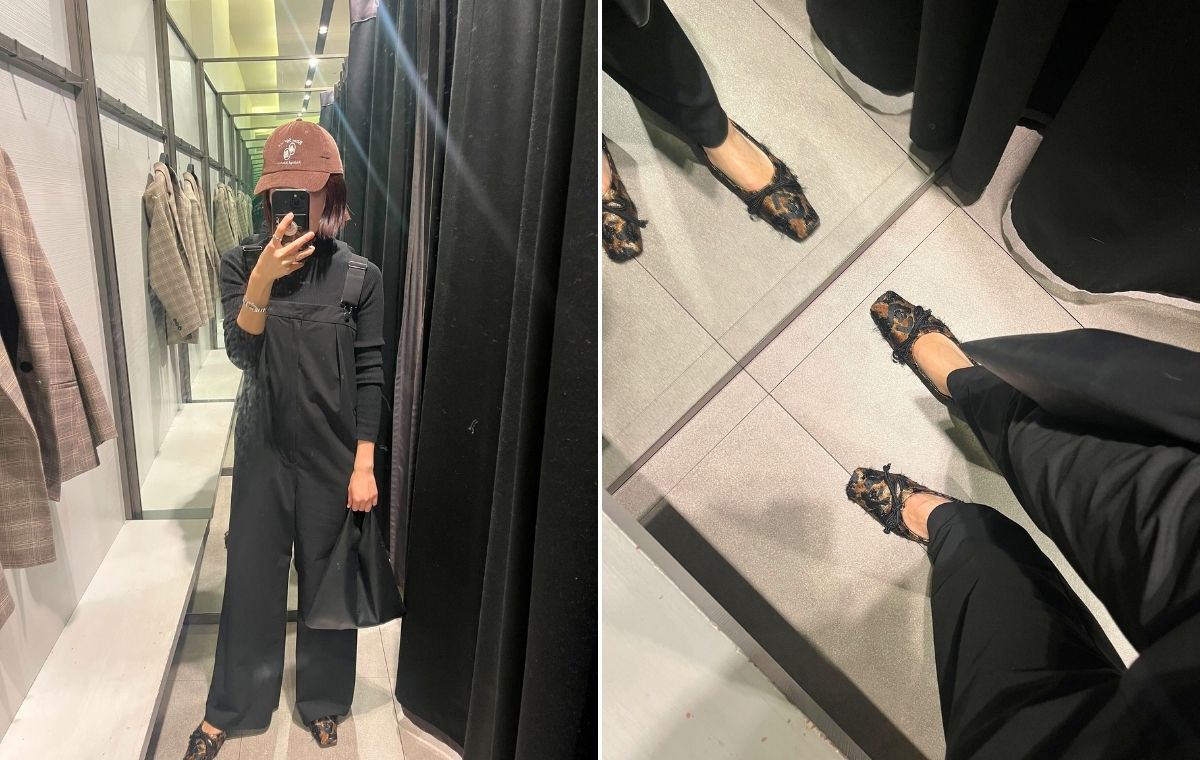 バレエシューズの着用写真を2枚並べた画像