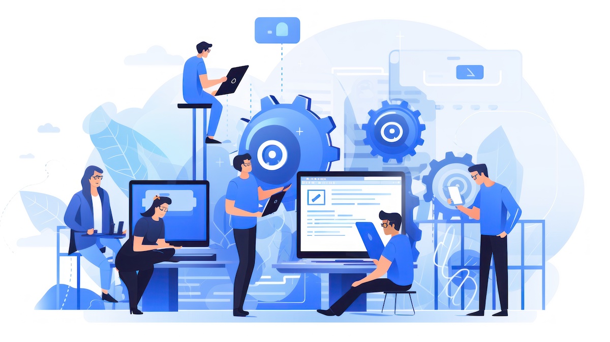 パソコンやスマホなどを見ている人々のイラスト