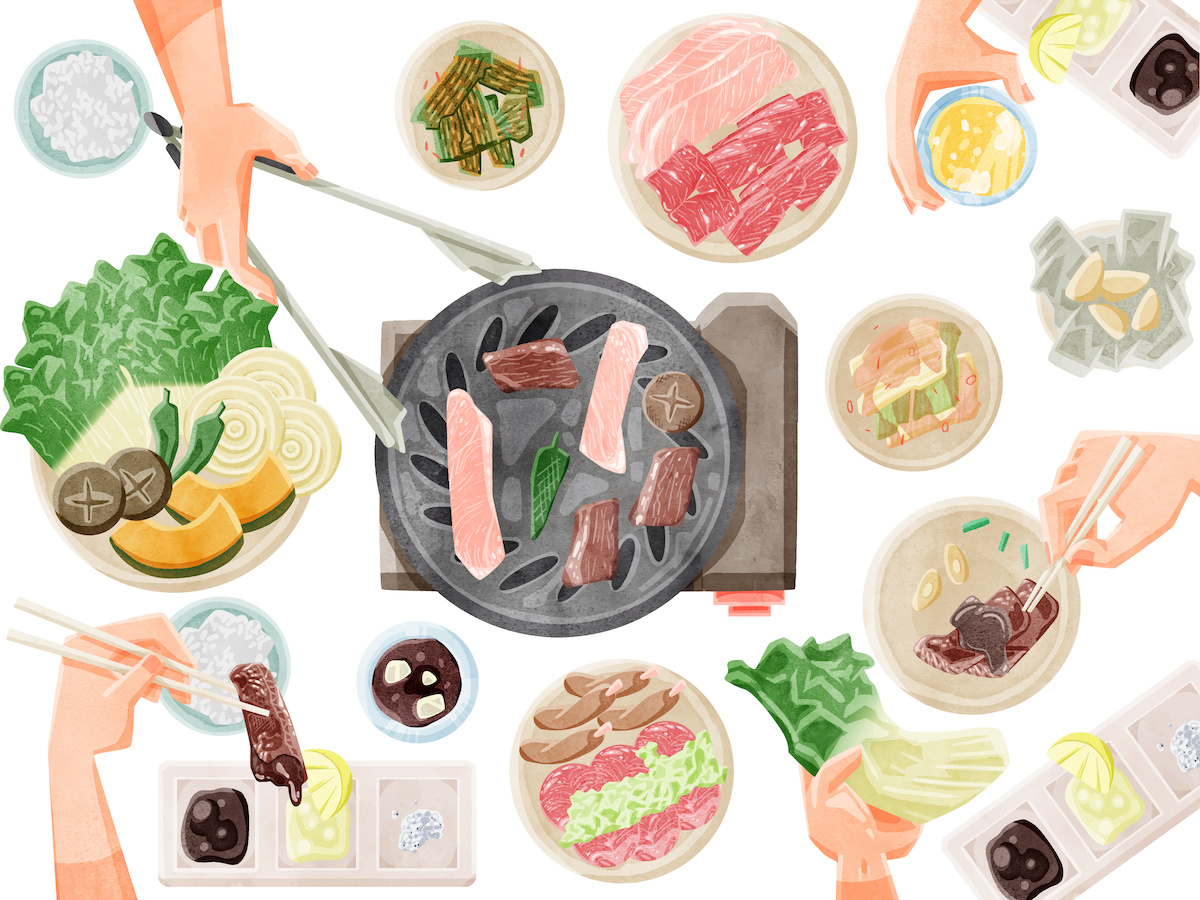 焼肉を食べている食卓を上から見たイラスト