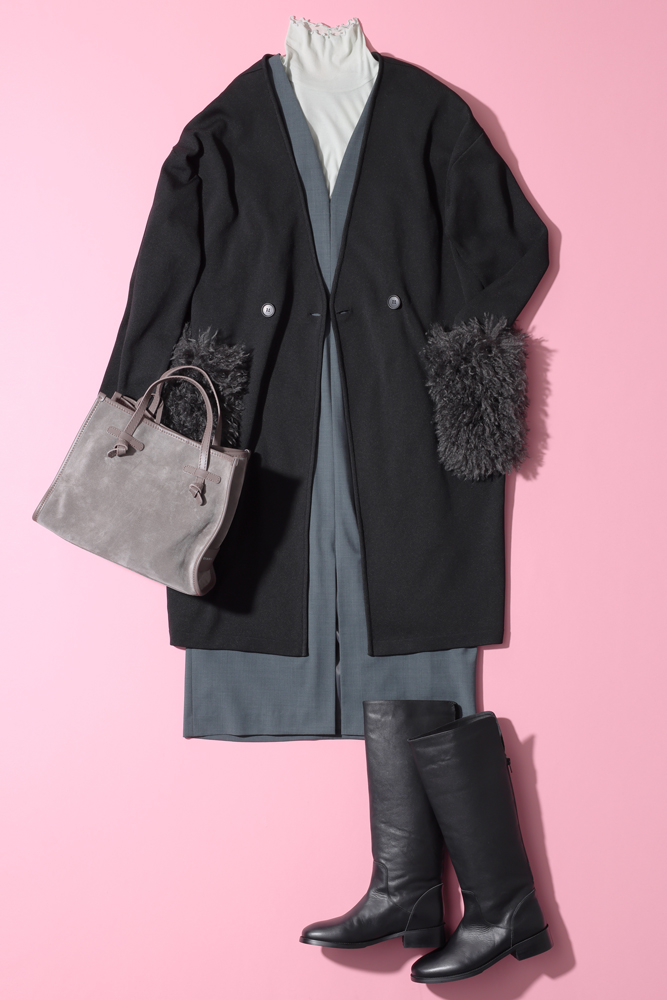 黒コート×グレーワンピース