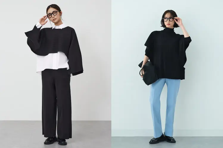 コットンブレンドニットケープ着用画像