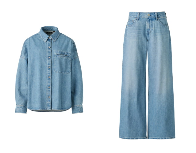 デニムリラックスシャツジャケット、ローライズワイドジーンズ