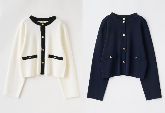 メタルボタンクルーネックニットカーディガン
オフ、ネイビー