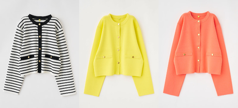 メタルボタンクルーネックニットカーディガン
ボーダー、イエロー、サーモンピンク