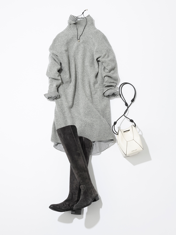 ニットワンピとストライプシャツワンピのレイヤード