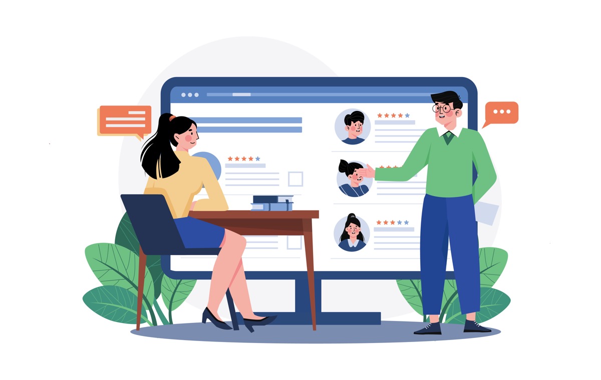 人物がリストアップされたパソコン画面を見ている男性と女性のイラスト