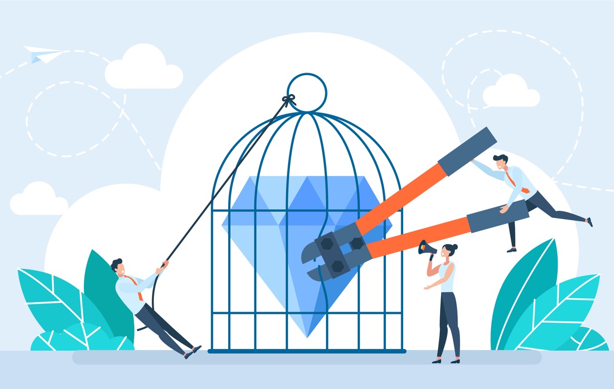 ダイヤモンドが入った鳥籠を崩す人のイラスト