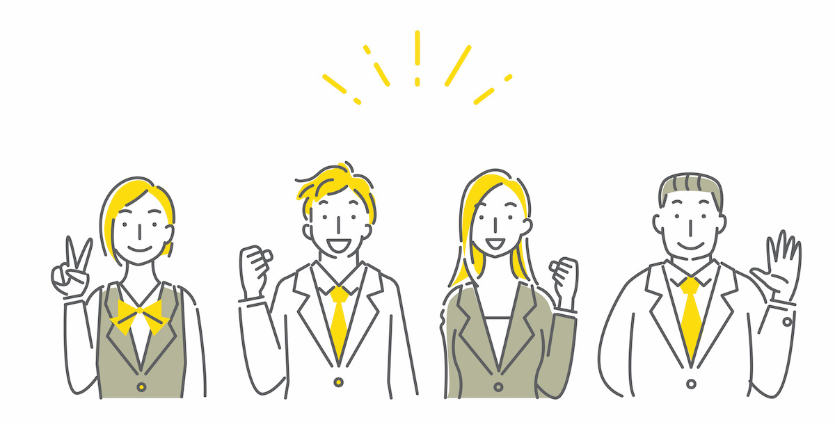 スーツや制服姿の人々が横に並んでいるイラスト