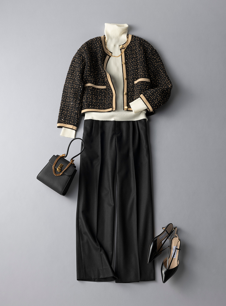 ニットツイードジャケットなら上品ながらもラクに過ごせる