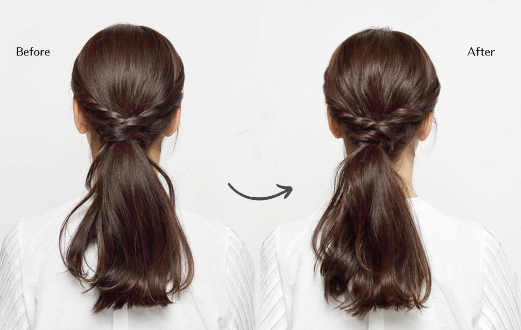 ツイスト編み飾りのひとつ結び・毛束を出す前と出した後の比較写真