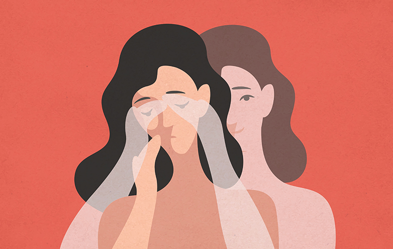 髪の長い人がうつむいており、その人の影のようなものが背後からその人の目を手で隠しているイラスト