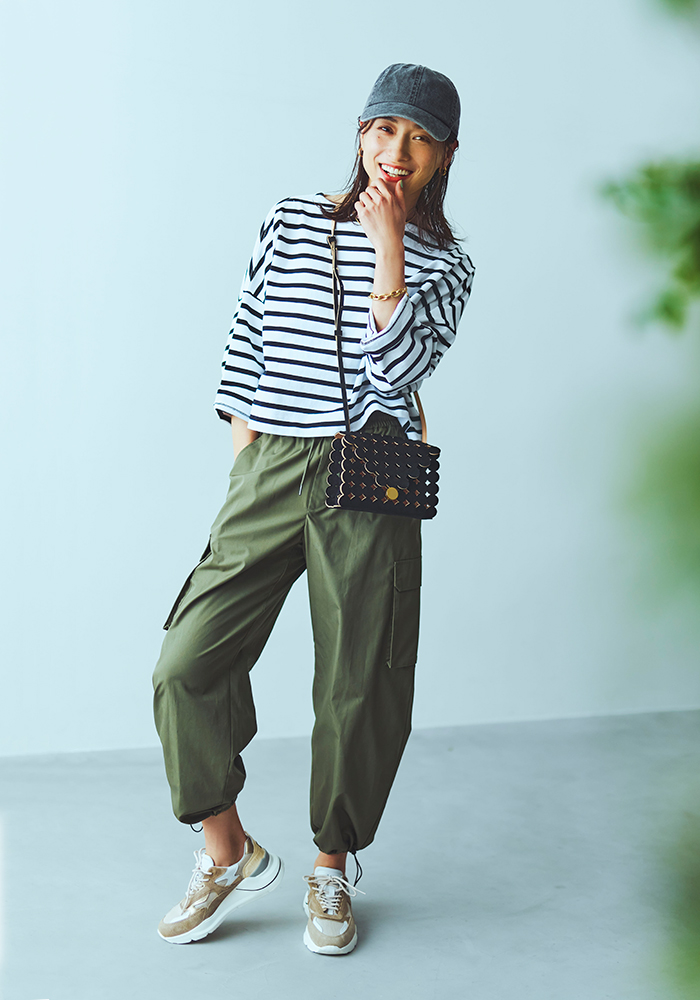 デニムキャップ×ボーダーTシャツ×カーゴパンツ