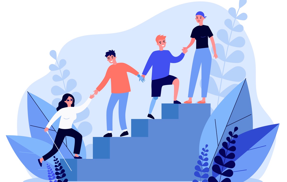 手を取り合って階段を上る4人のイラスト