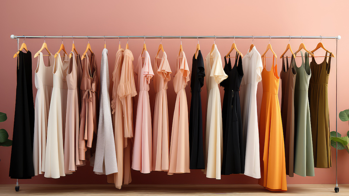 たくさんのドレスがかかったハンガーラックの写真