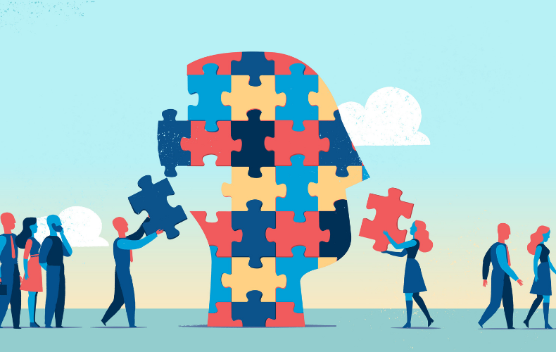 人の形のパズルを組み立てている人たちのイラスト