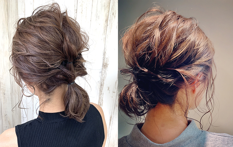 ウェーブがかかったひとつ結び姿の写真2つが並んだ画像