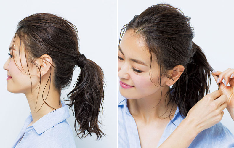 左 耳の高さのひとつ結びの横顔写真 右 指先で毛束にジェルをつけている写真