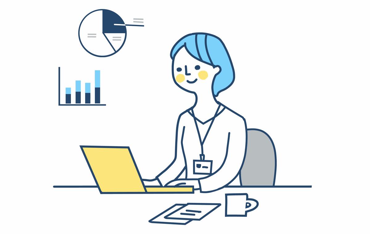 働く女性のイメージイラスト。ノートパソコンを操作している
