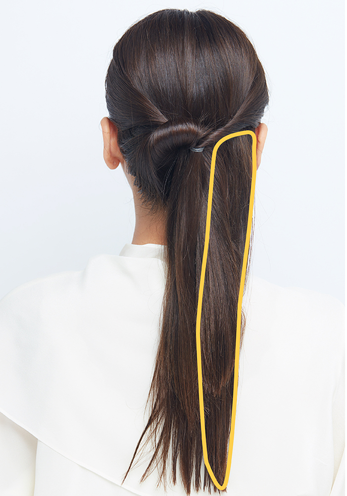 ねじる部分の髪に黄色の枠が描かれた後頭部写真