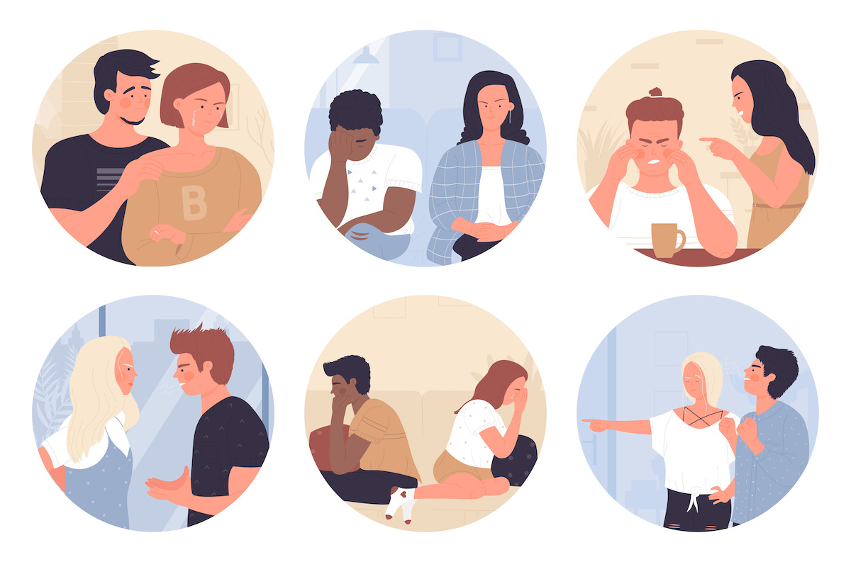 喧嘩をする6組のカップルのイラスト