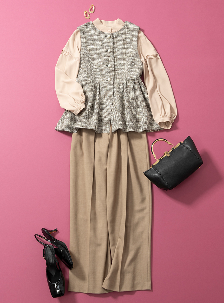 ペプラムツイードジレをワイドパンツできちんと見せて