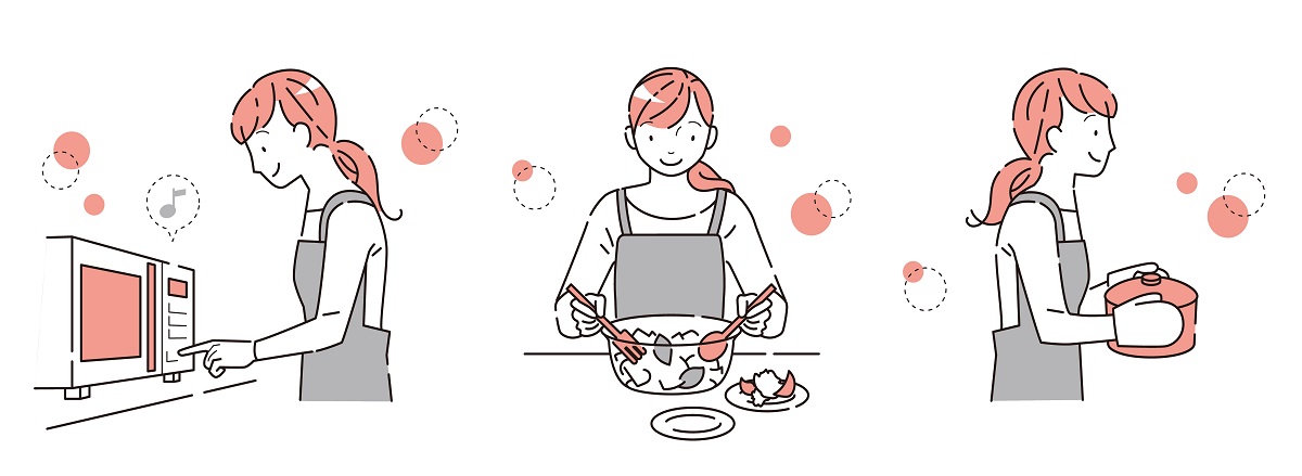 電子レンジの操作、ボウルで具材をかき混ぜる、鍋を運んでいる人のイラストセット