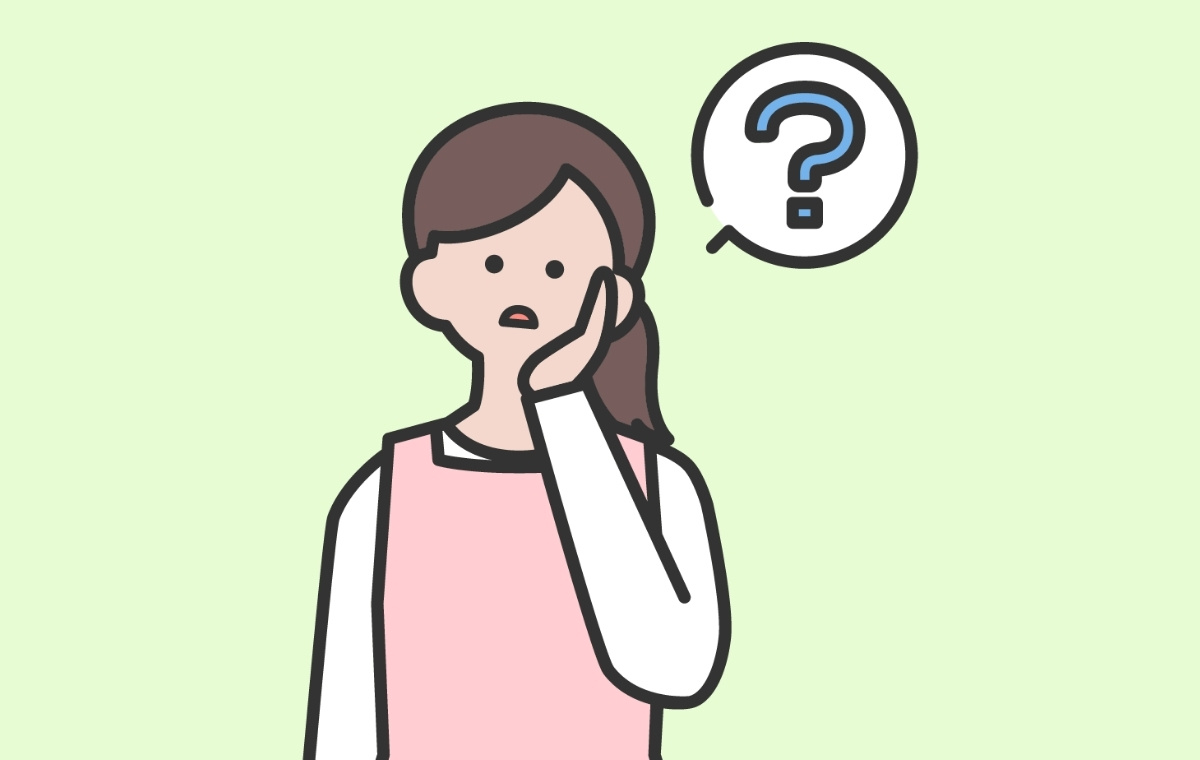 はてなマークを出して考えるエプロン姿の女性のイラスト