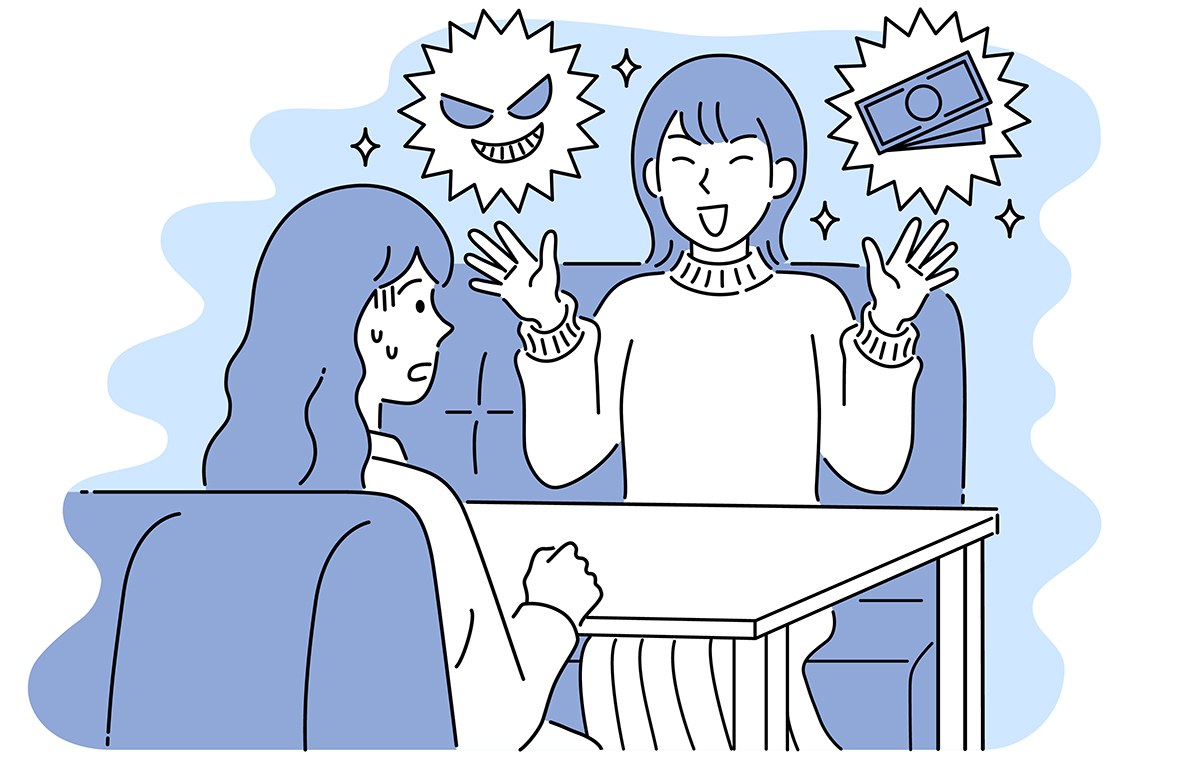 お金や悪い話をひけらかす女性と、それを引き気味で聞いている女性のイラスト