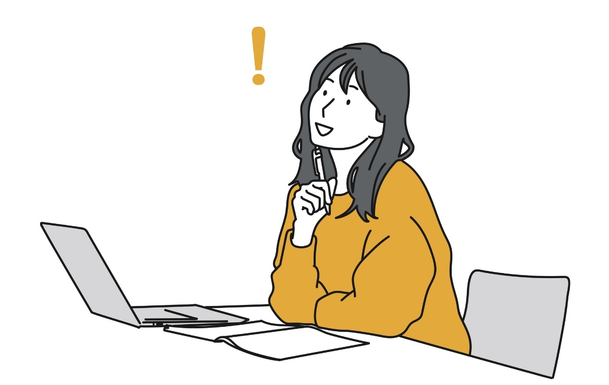 ノートパソコンの前で思いつく女性のイラスト