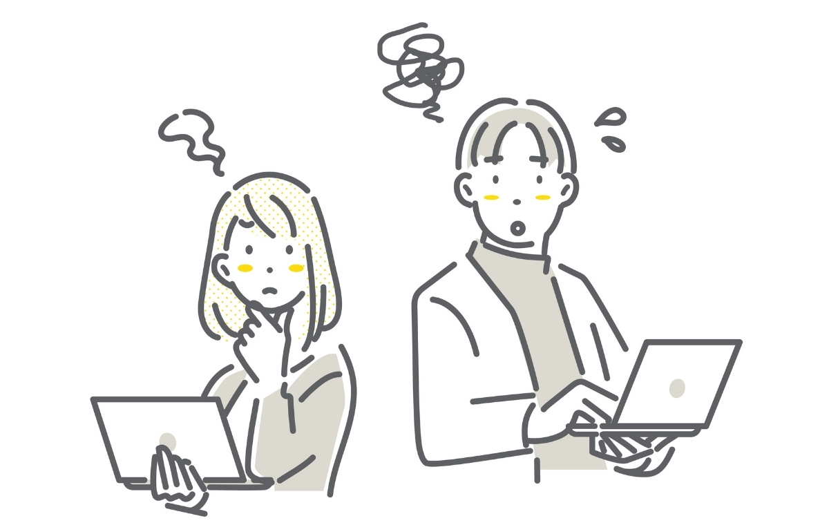 ノートパソコンを手に持って悩む男女のビジネスパーソンのイラスト