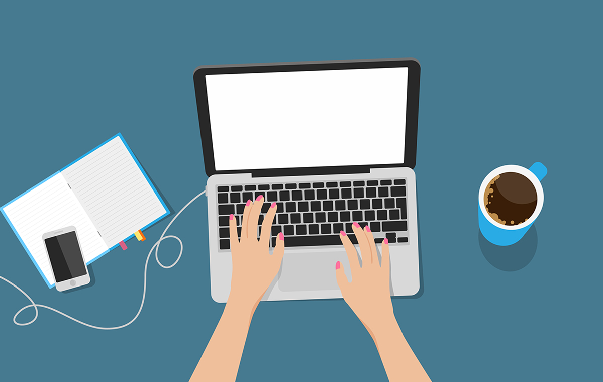 PCをテーブルに置いて作業する女性の手元のイラスト