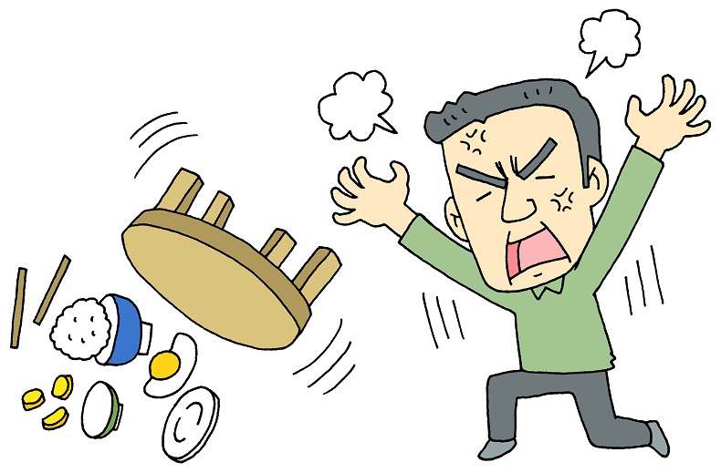 ちゃぶだいをひっくりかえす中年男性のイラスト