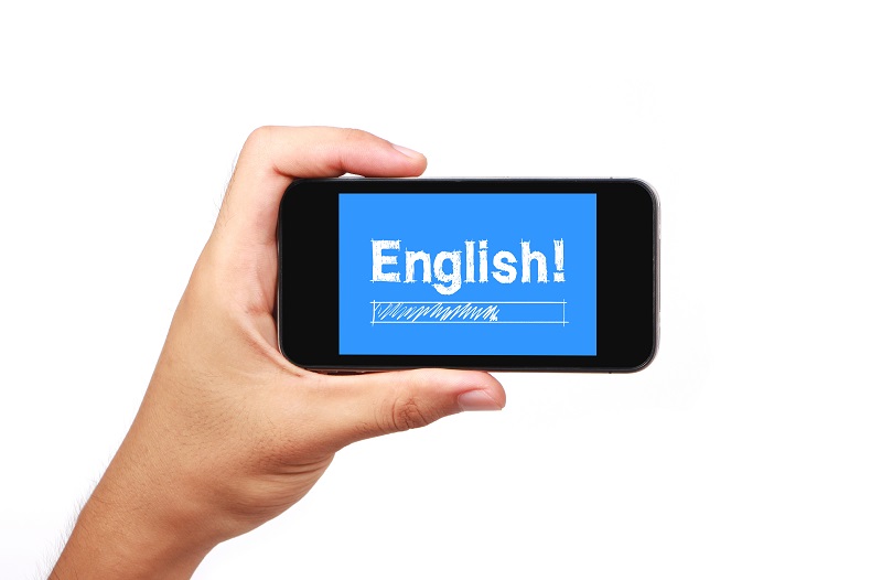 スマホ画面に「English!」の文字