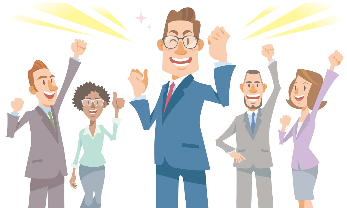 リーダーの男性が中心に立ち、仲間たちと喜びを分かち合う、成功したチームのイラスト