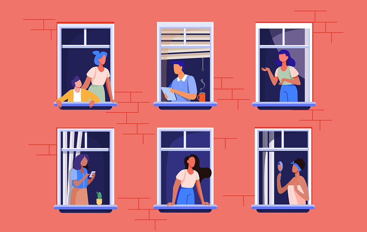 マンションの外側から見た、様々な暮らしがうかがえる窓 イラスト