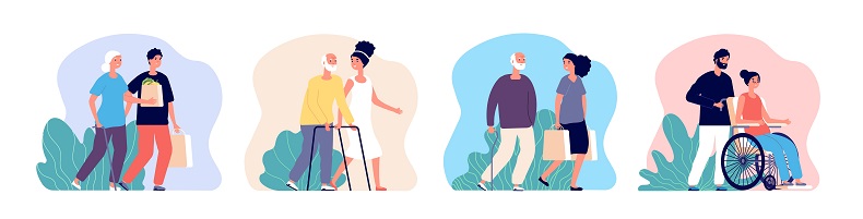 高齢者や足の不自由な人に手を貸す人々