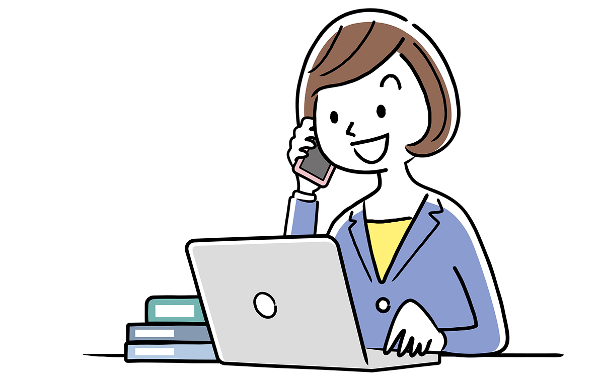 携帯を片手にPCを操作する女性のイラスト